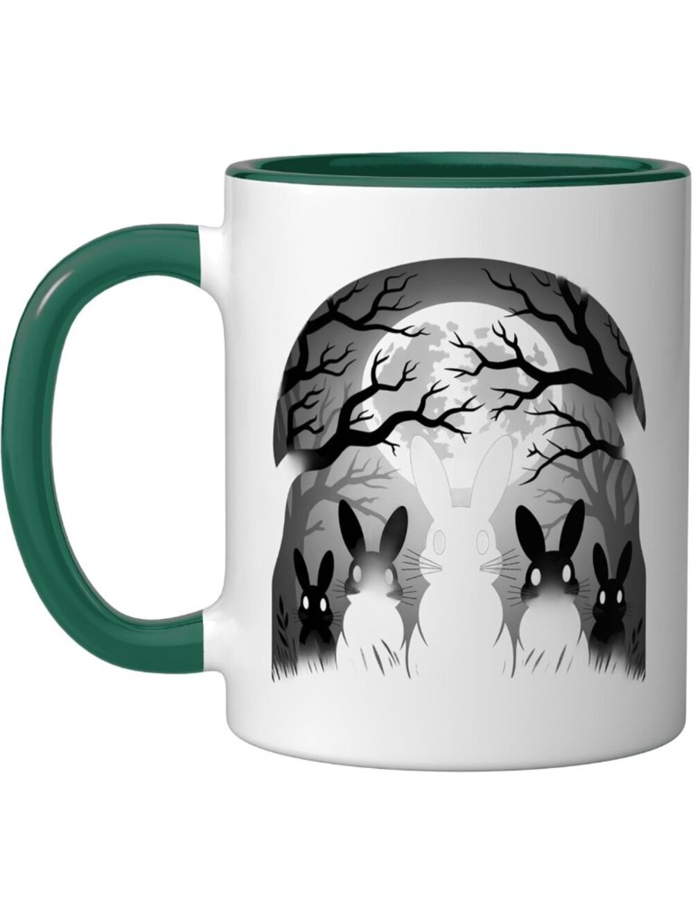 Creepy Hare Bunny Rabbit Grunge Halloween Goth Ceramic Mug, Dark Green/White